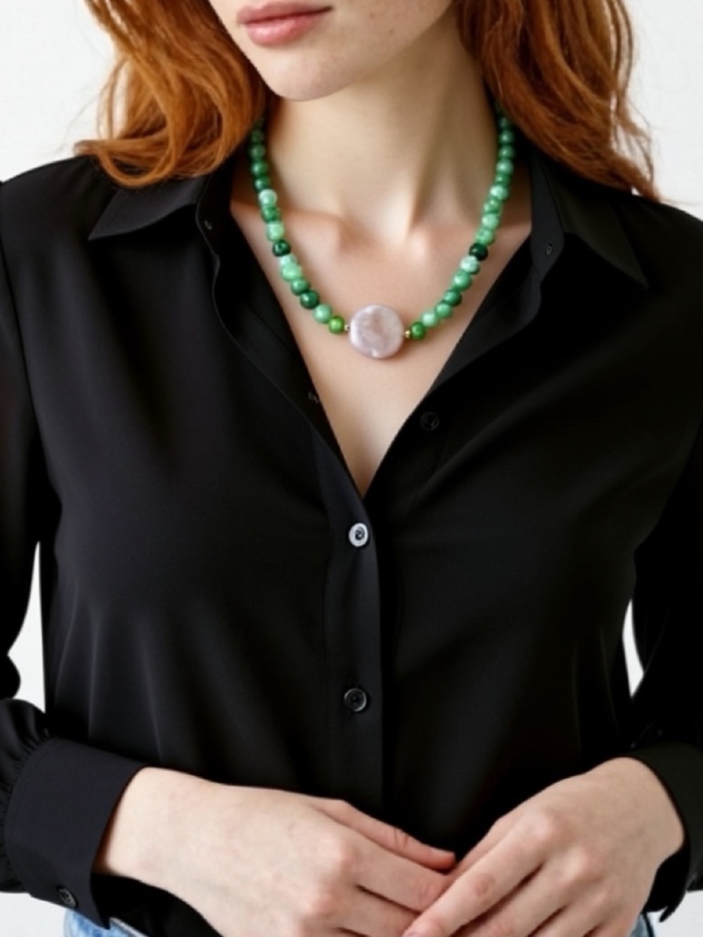 Artisan Czech glass Green Beaded Necklace with Center agate stone